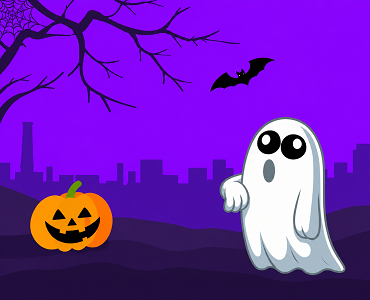 Spooky Pumpkin, Ghost, and Bat Cityscape